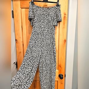 Anthropologie Off-the-Shoulder Ivory Animal Print Jumpsuit